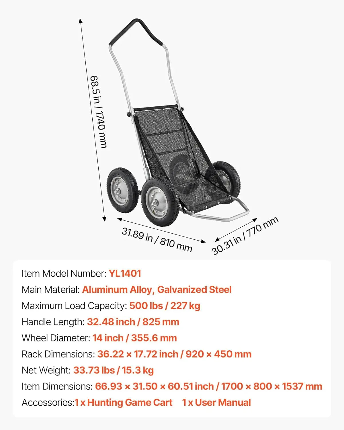 XMSJ Hunting Game Carts 500 Lbs Deer Hauler Terrain Dolly