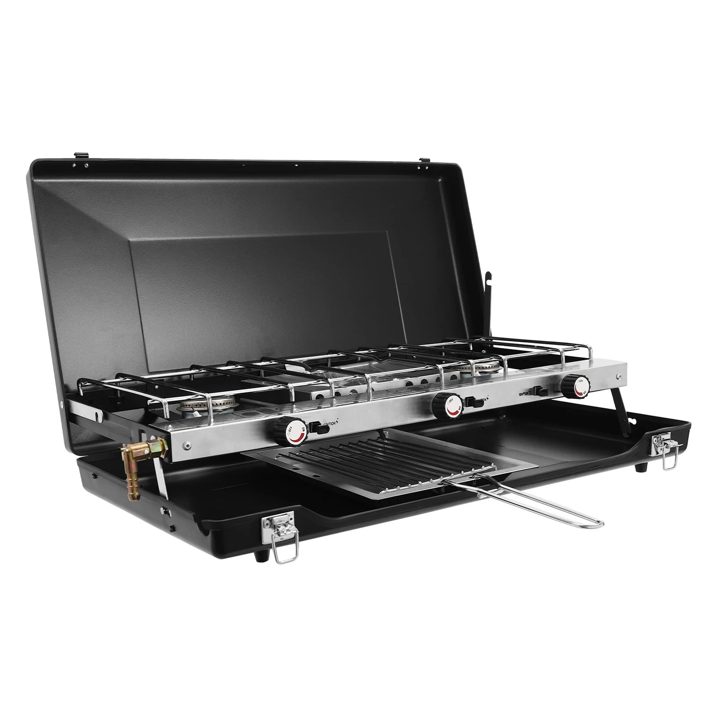 Portable 3-Burner Propane Camping Stove With Griddle Folding Windshield