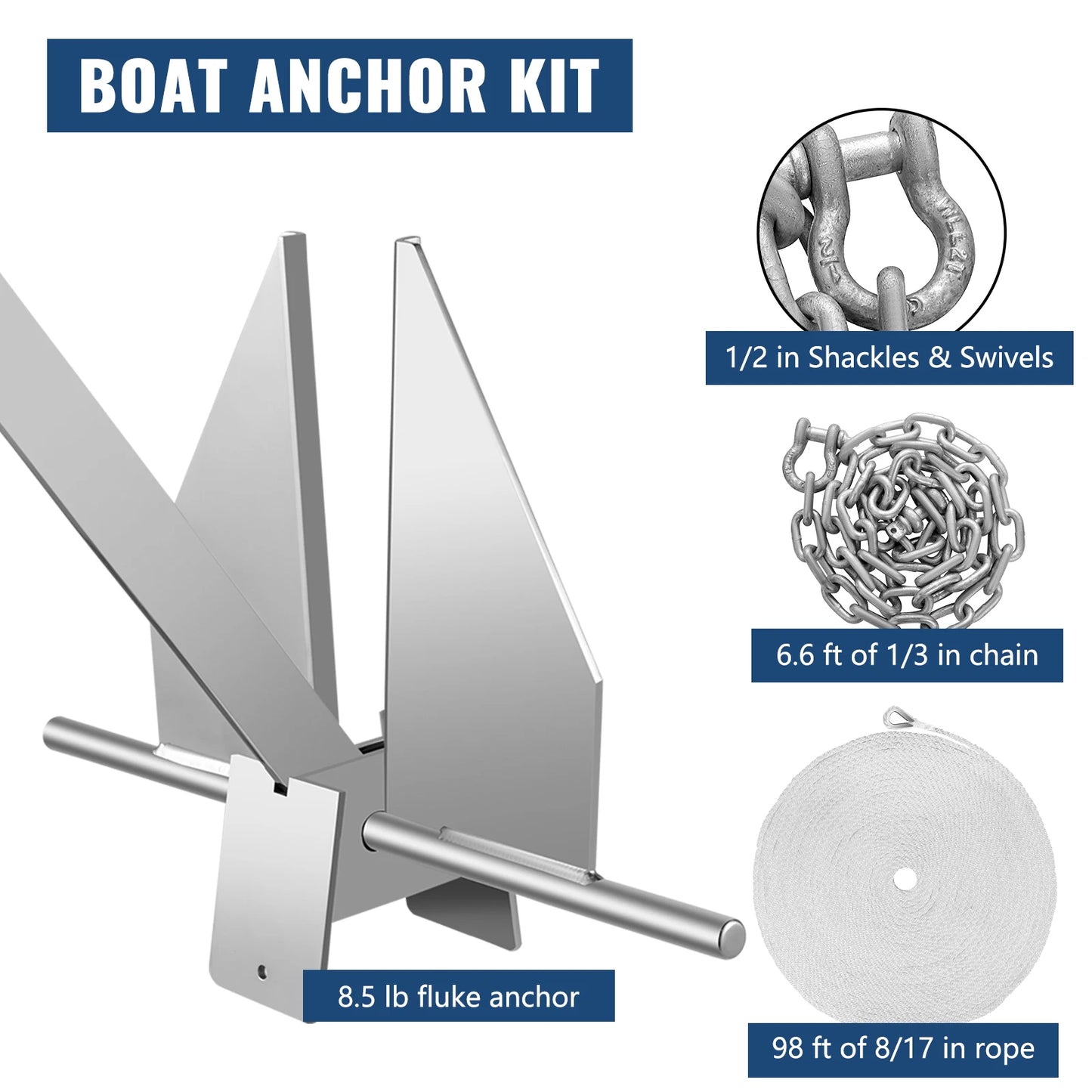 VEVOR Boat Anchor Kit Fluke Style Mooring System Galvanized Steel