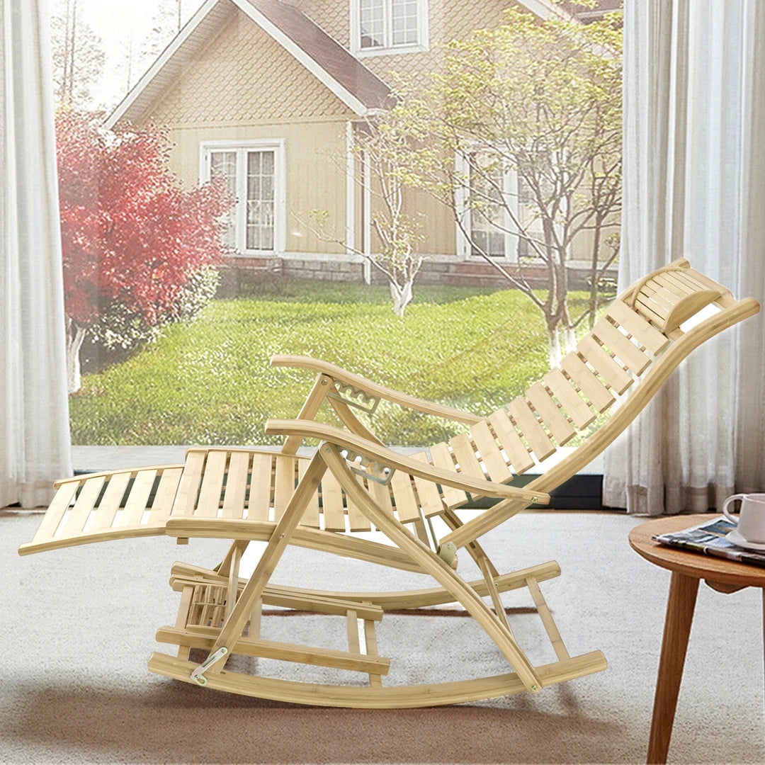 Wisfor Bamboo Folding Rocking Recliner Chair Outdoor Sun Lounger Armrest