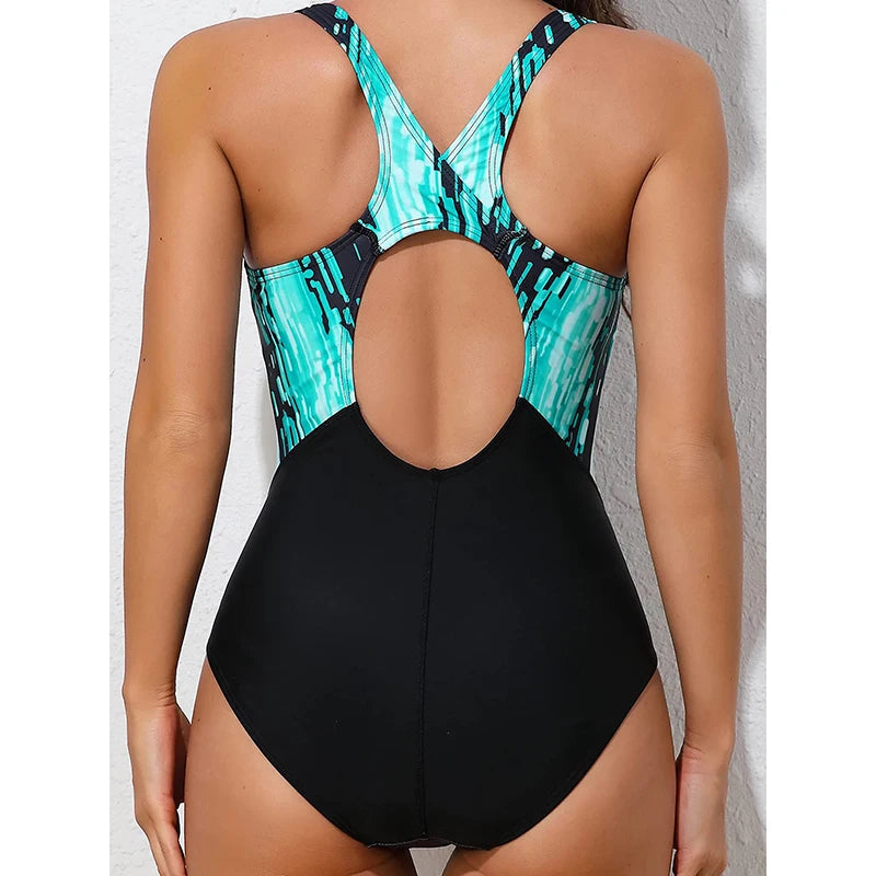 CN Printed One Piece Swimsuit Women Hollow Backless Triangle Swimwear