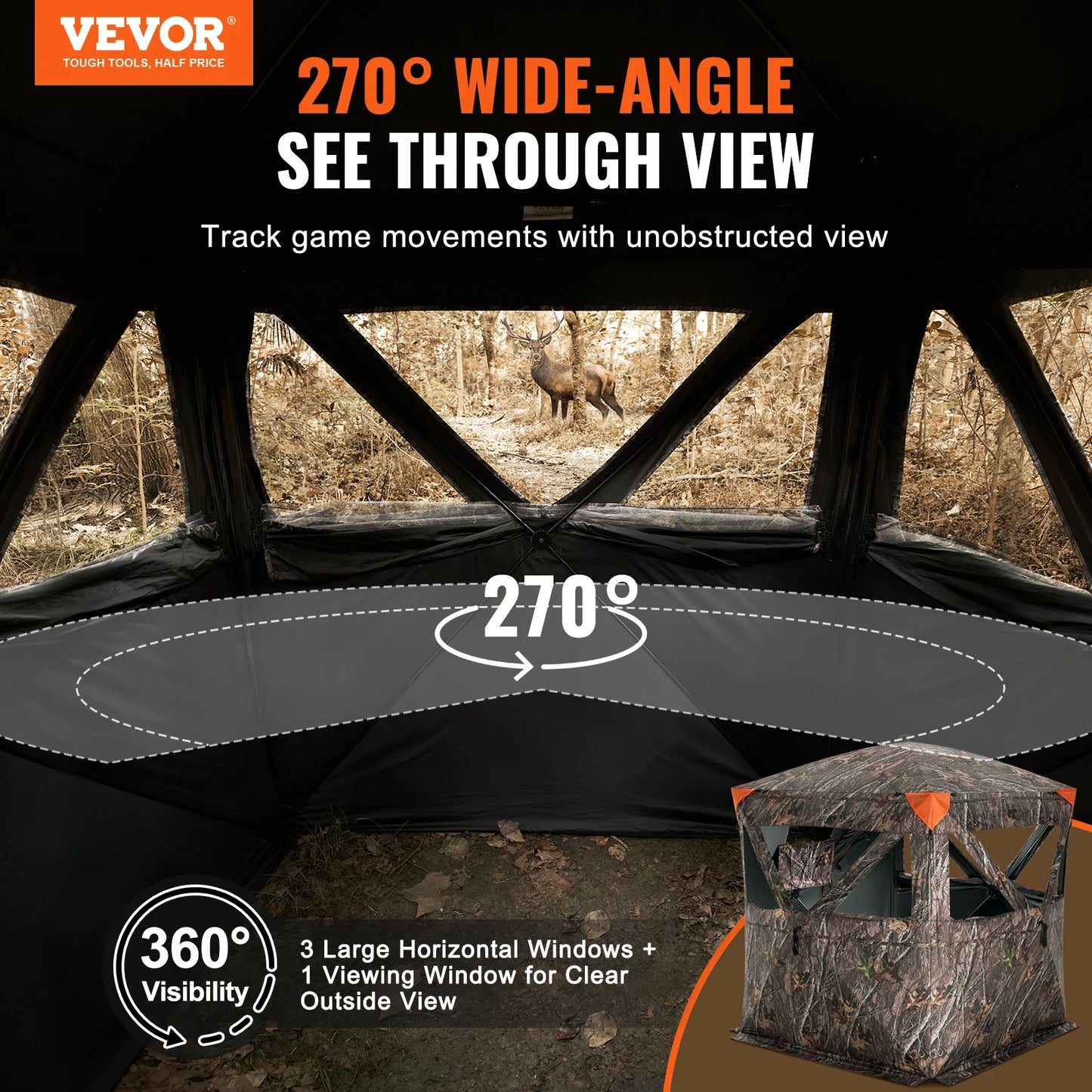 SucceBuy Hunting Blind 270° See Through Ground Blind 2-3 Person Pop Up Deer Blind for Hunting with Carrying Bag, Portable Tent