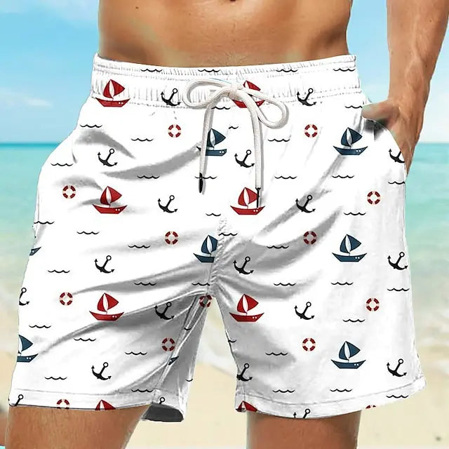 Men's Hawaiian Print Board Shorts Quick Dry Swim Trunks