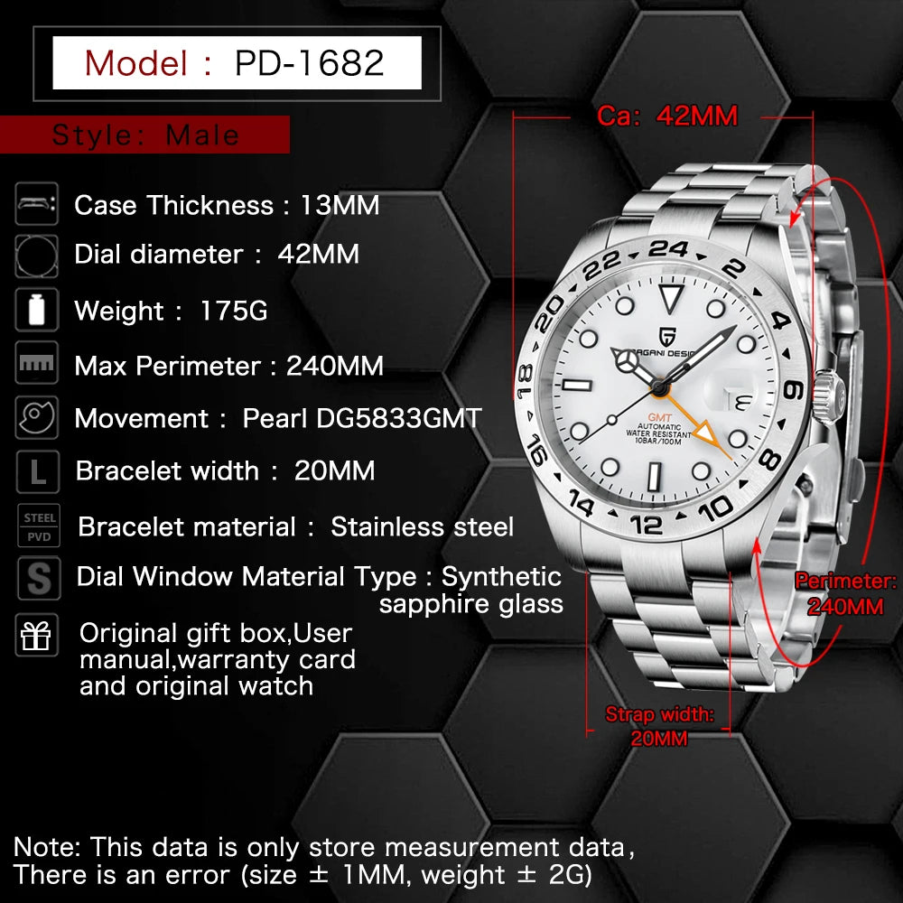 PAGANI DESIGN GMT Men's Automatic Stainless Steel Sapphire Watch