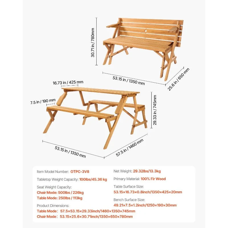 2-In-1 Transforming Picnic Table Bench Set Outdoor Patio