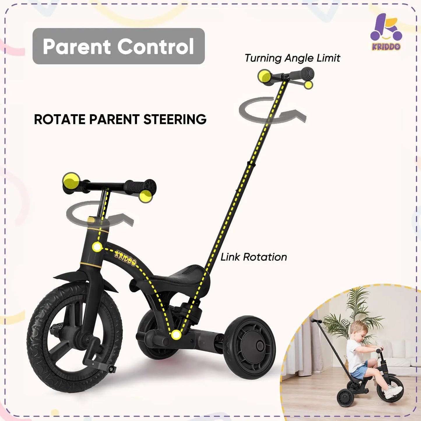 4-In-1 Kids Tricycle With Parent Steering Push Handle