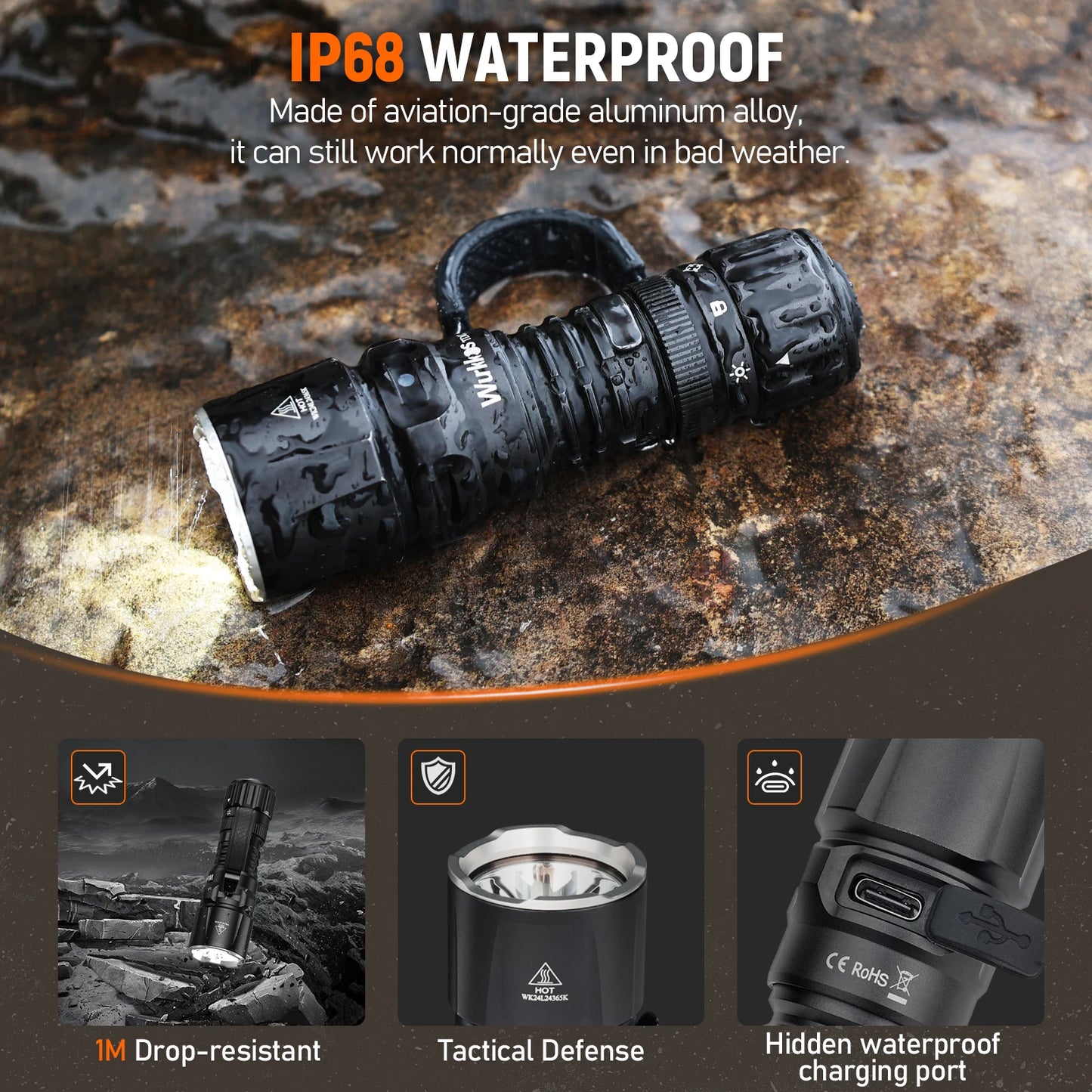 Wurkkos TD07 1300LM Tactical Flashlight Long Throw IP68 Waterproof