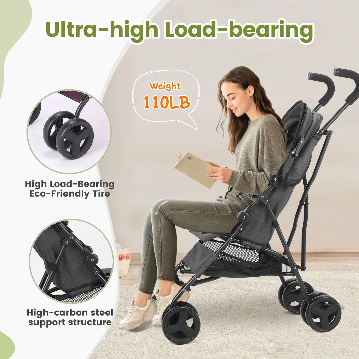 Lightweight Folding High-View Baby Stroller With Recline
