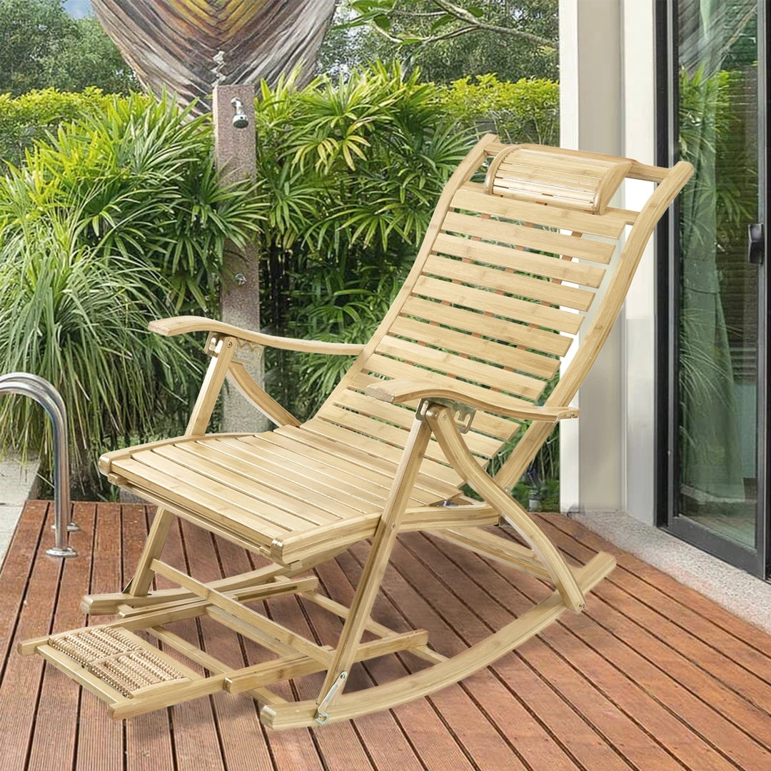 Wisfor Bamboo Folding Rocking Recliner Chair Outdoor Sun Lounger Armrest
