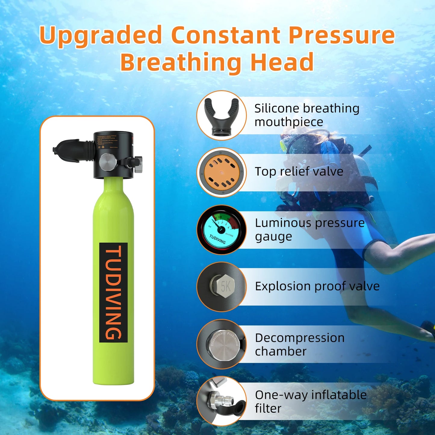 TUDIVING Scuba Tank Set With Full Face Snorkel Mask