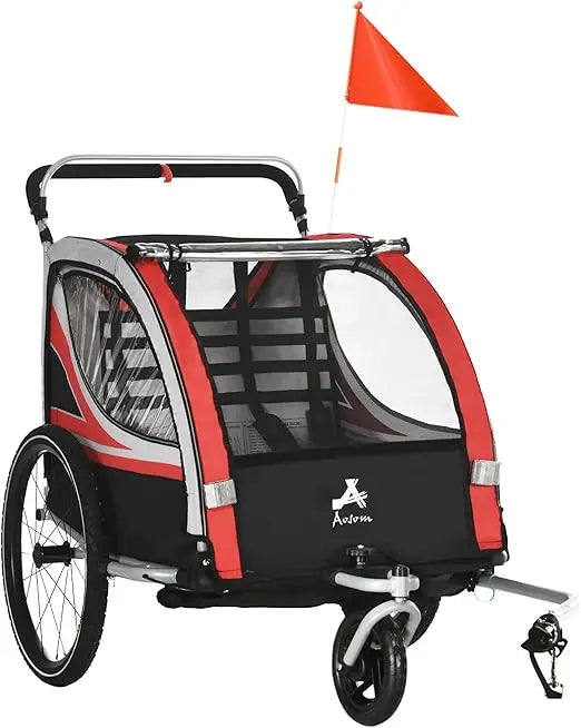2in1 Walk Ride Bike Trailer for Two Kids High Visibility