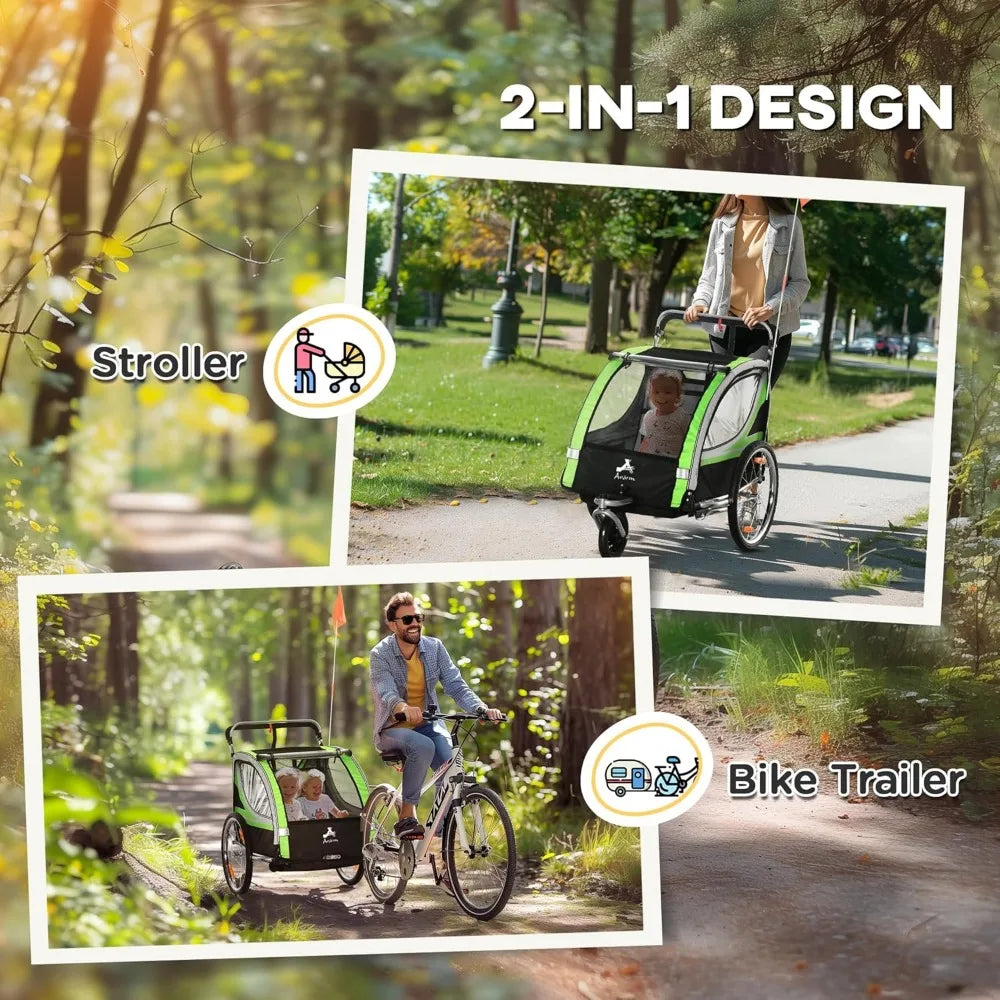 2in1 Walk Ride Bike Trailer for Two Kids High Visibility
