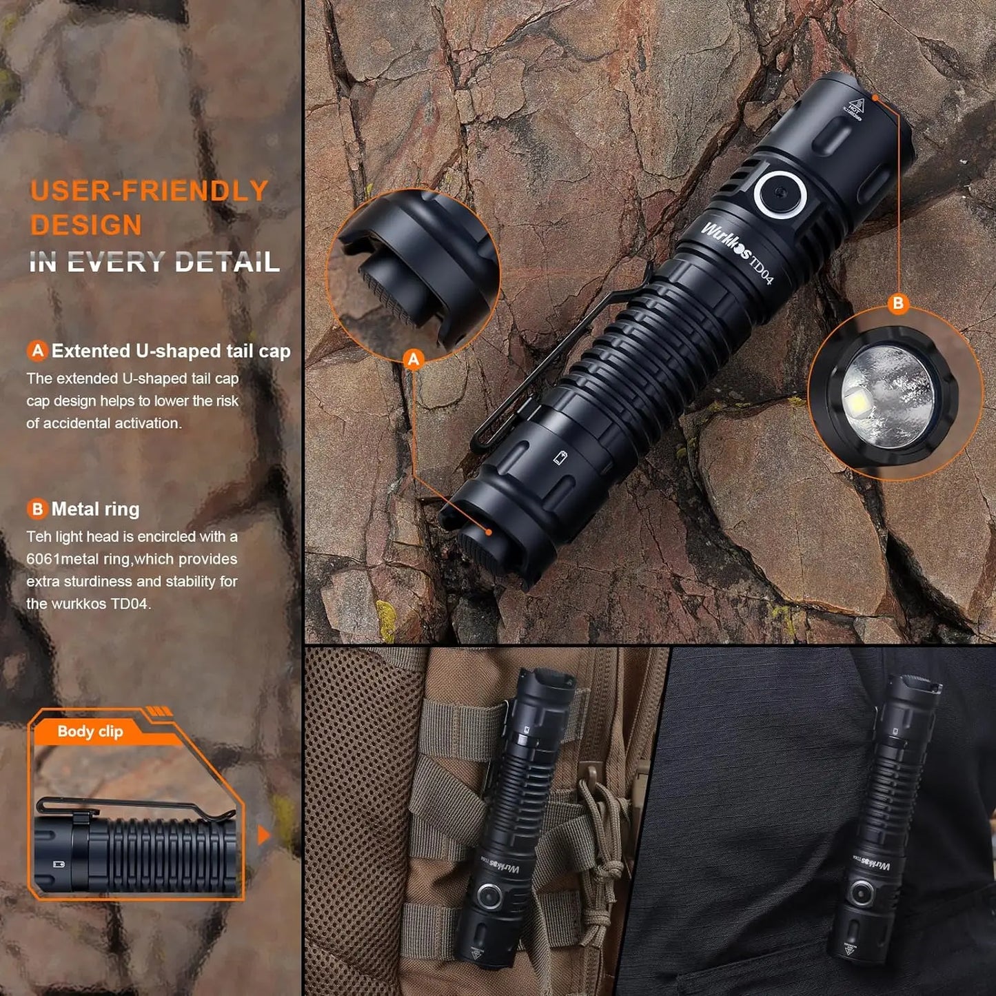 Wurkkos TD04 Rechargeable Dual Mode Tactical LED Flashlight USBC IP68