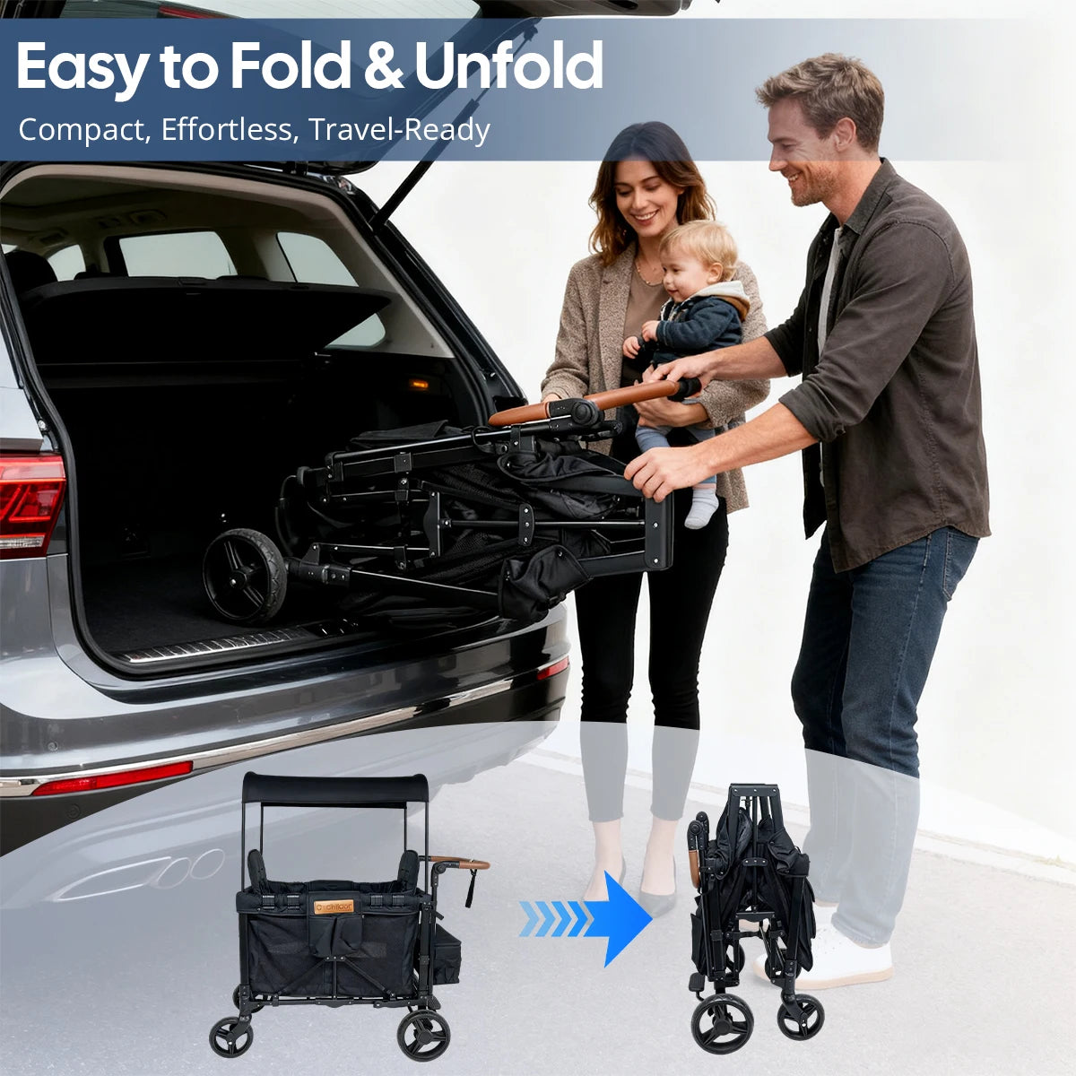 Foldable Two Seat Baby Stroller With Detachable Canopy