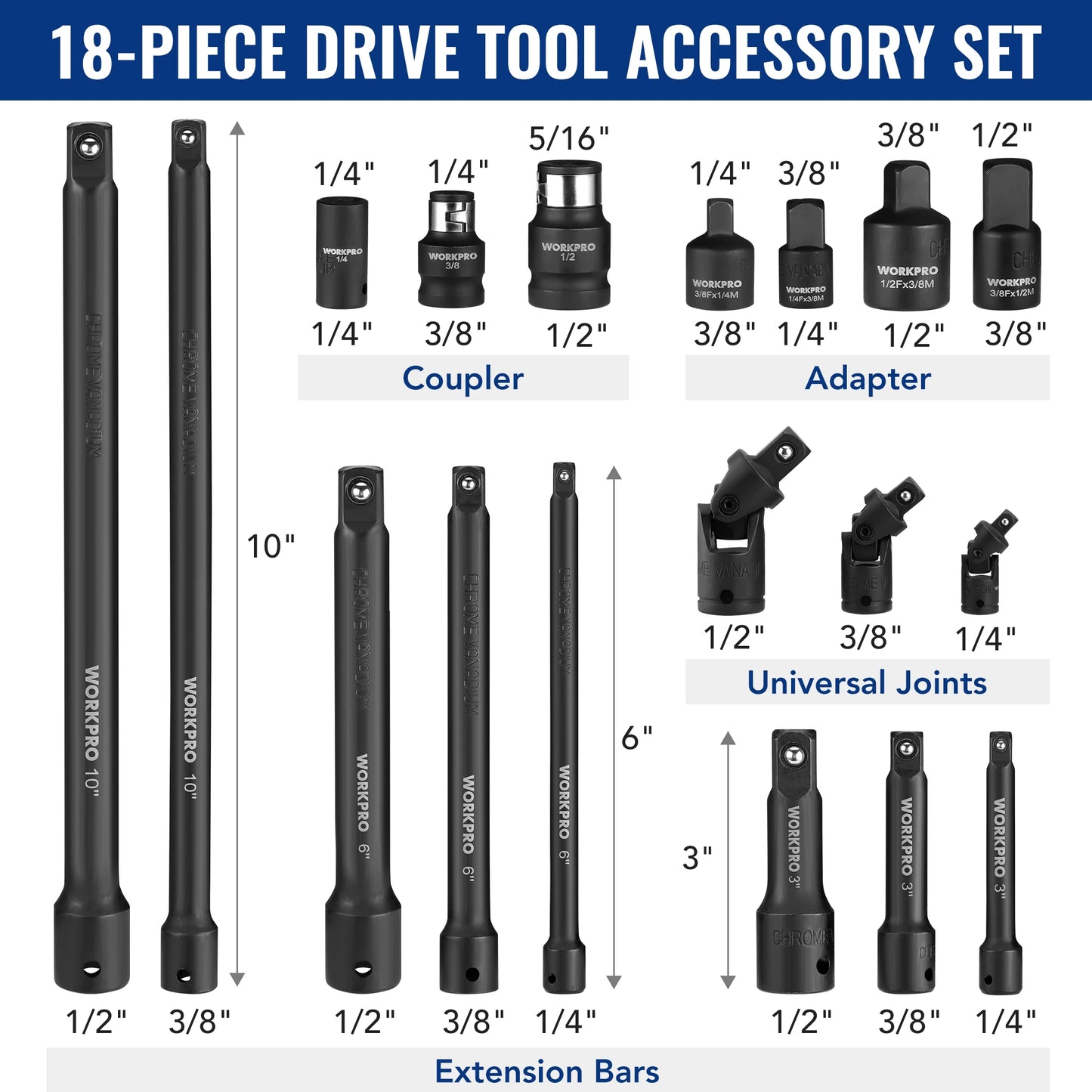 WORKPRO 18-Piece Drive Tool Accessory Set With Socket Adapters