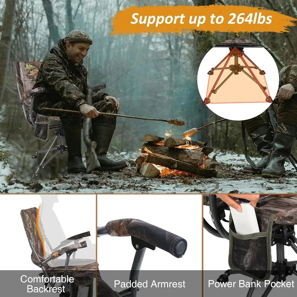 Rotating Heated Hunting Chair For Ground Blind Portable Folding Camouflage