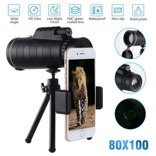 80x100 HD ZOOM Powerful Monocular Telescope Outdoor Portable Long Range Waterproof Camping Telescope with Aluminium Alloy Tripod