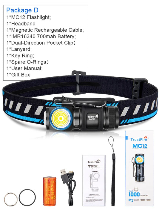 TrustFire MC12 LED Headlamp 1000 Lumens Rechargeable XPL HI