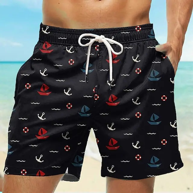Men's Hawaiian Print Board Shorts Quick Dry Swim Trunks