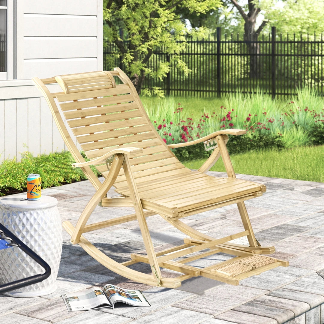 Wisfor Bamboo Folding Rocking Recliner Chair Outdoor Sun Lounger Armrest