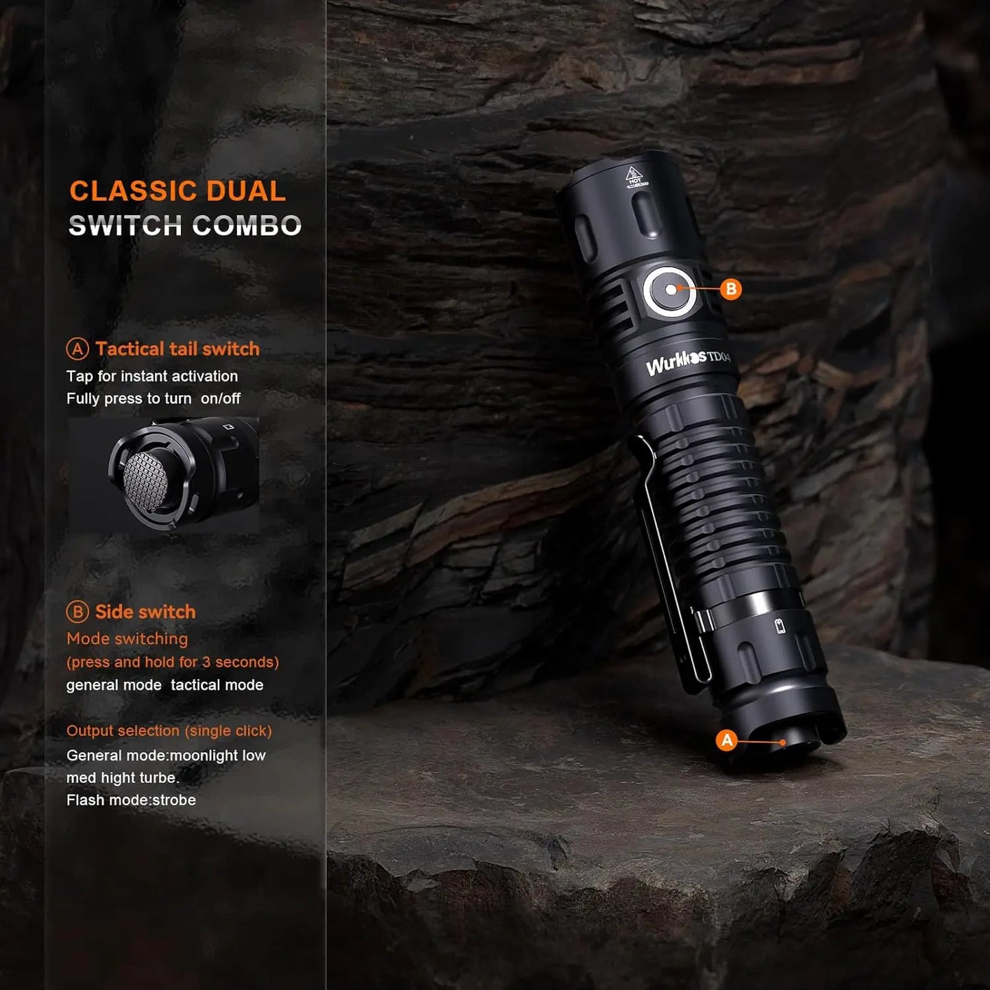 Wurkkos TD04 Rechargeable Dual Mode Tactical LED Flashlight USBC IP68