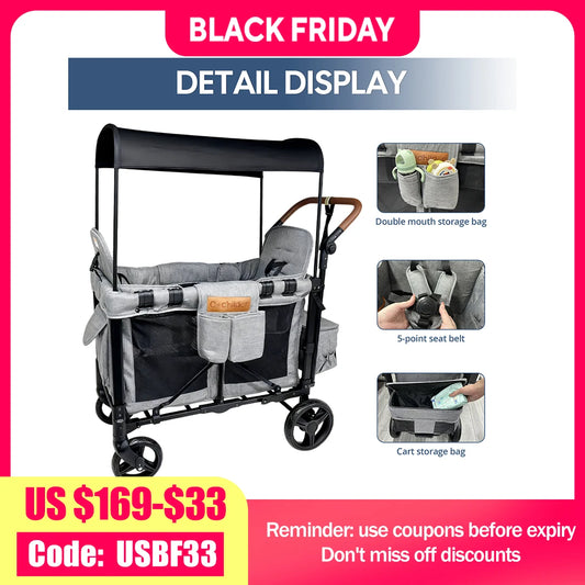 Foldable Two Seat Baby Stroller With Detachable Canopy