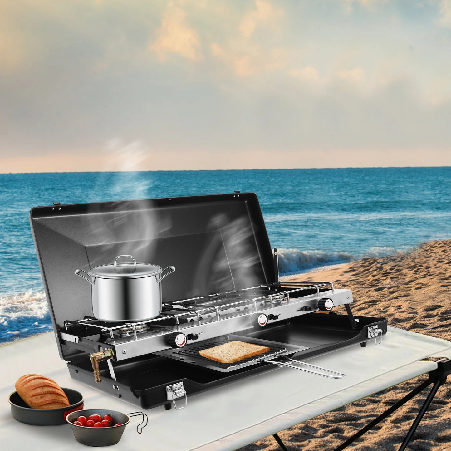 Portable 3-Burner Propane Camping Stove With Griddle Folding Windshield